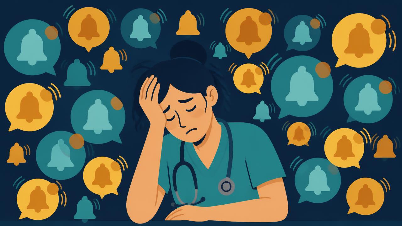 Illustration of an exhausted nurse surrounded by dozens of alarm notifications