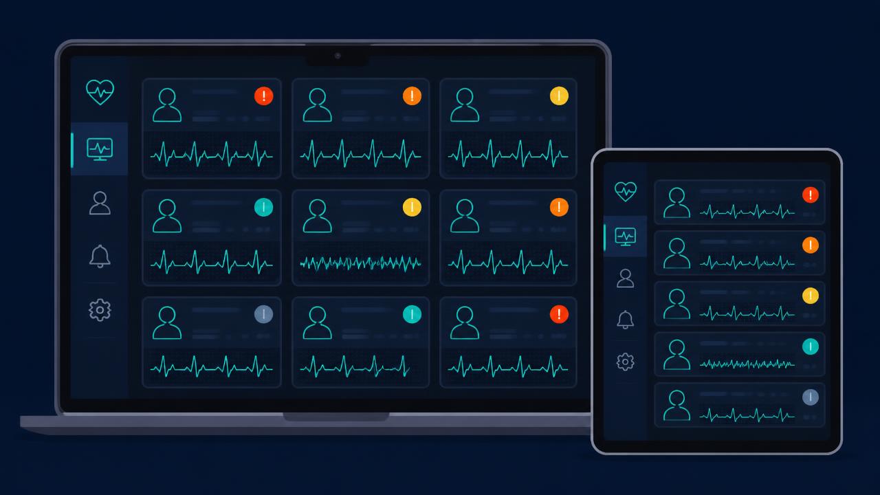 TiPSY console illustration on a laptop and tablet showing ICU bed tiles with waveforms and tiered alert badges