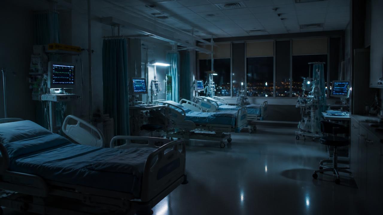Intensive care unit at night with several beds and glowing vital-sign monitors