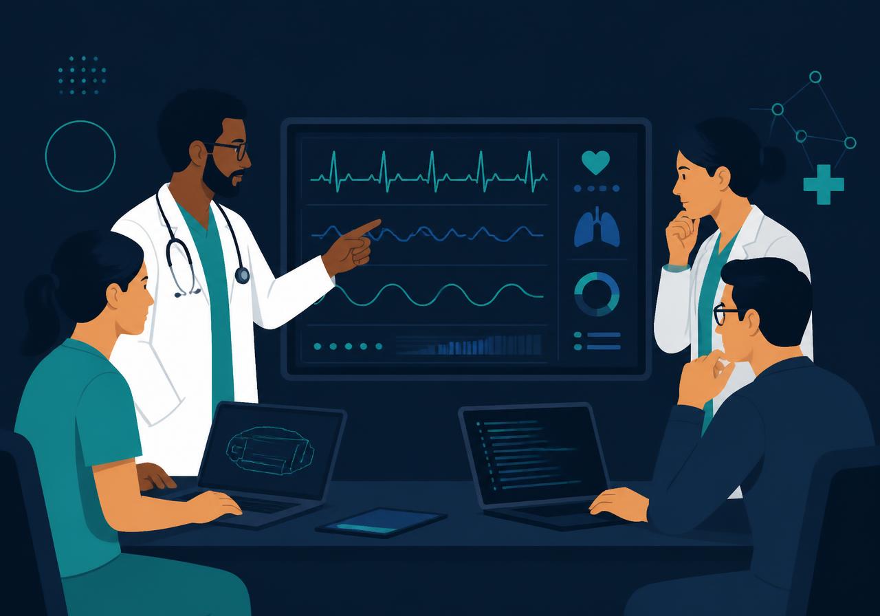 Clinicians and engineers reviewing vital-sign waveforms together